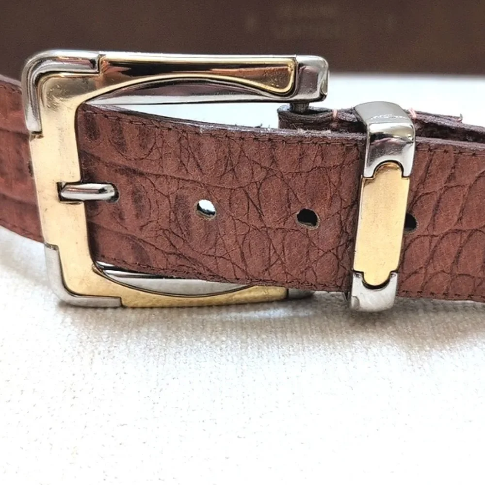 Genuine Leather Croc Embossed Brown Belt Gold & Silver Buckle and Tip Vintage